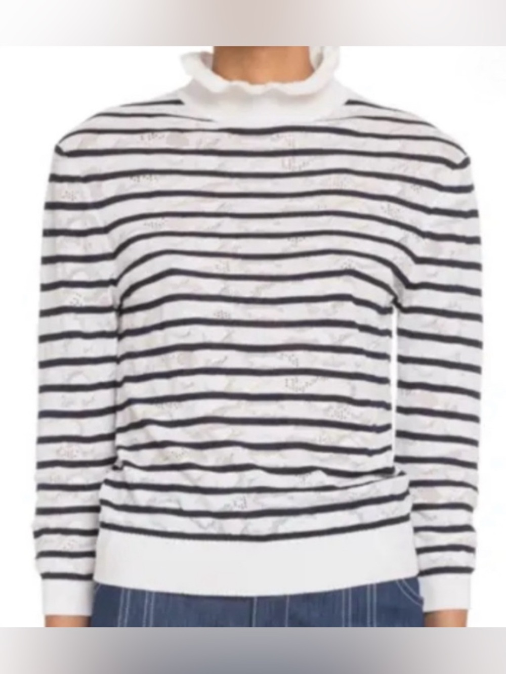Chloe Ruffled  Turtleneck Striped Sweater White & Navy  Size S